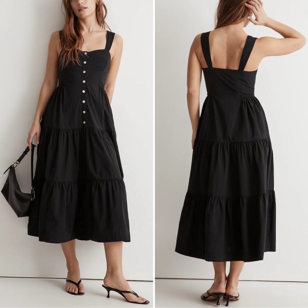 Madewell Button-Front Tiered Midi Dress Size 10 Black